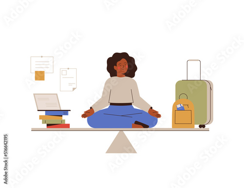 Business Woman with closed eyes takes a harmony between job and rest. Black girl has a good work life balance. Working during traveling. Vector illustration