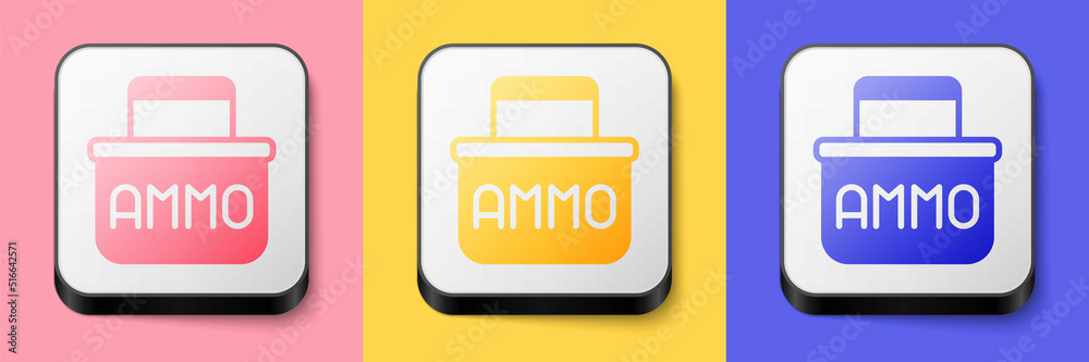 Isometric Military ammunition box with some ammo bullets icon isolated on pink, yellow and blue background. Square button. Vector Isometric Military ammunition box with some ammo bullets icon isolated on pink, yellow and blue background. Square button. Vector