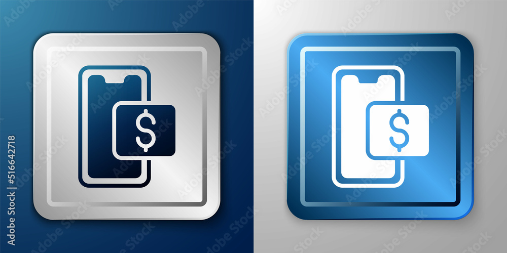 White Mobile phone and shopping cart icon isolated on blue and grey background. Online buying symbol. Supermarket basket symbol. Silver and blue square button. Vector White Mobile phone and shopping cart icon isolated on blue and grey background. Online buying symbol. Supermarket basket symbol. Silver and blue square button. Vector