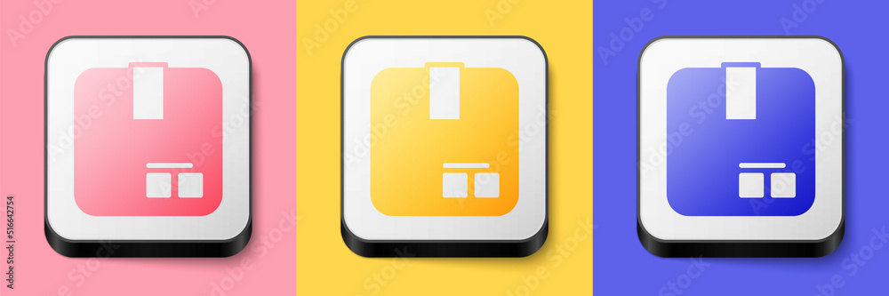 Isometric Carton cardboard box icon isolated on pink, yellow and blue background. Box, package, parcel sign. Delivery and packaging. Square button. Vector Isometric Carton cardboard box icon isolated on pink, yellow and blue background. Box, package, parcel sign. Delivery and packaging. Square button. Vector