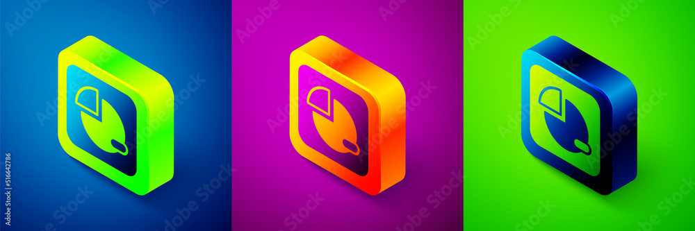 Isometric Pie chart infographic icon isolated on blue, purple and green background. Diagram chart sign. Square button. Vector Isometric Pie chart infographic icon isolated on blue, purple and green background. Diagram chart sign. Square button. Vector