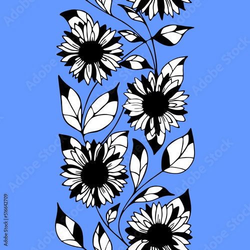 seamless pattern of black and white graphic flowers on a blue background background, texter, design