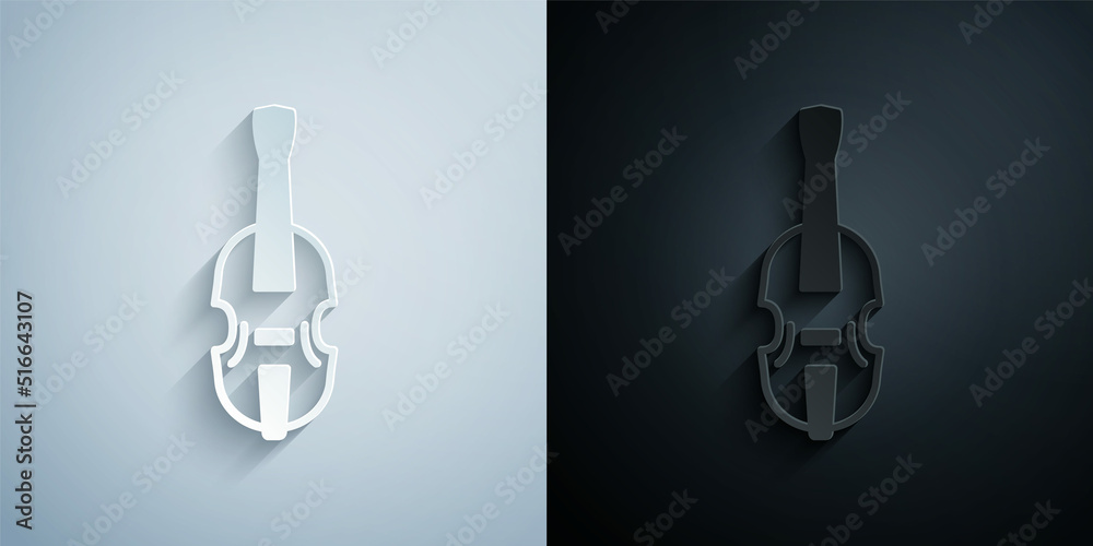 Paper cut Violin icon isolated on grey and black background. Musical instrument. Paper art style. Vector
