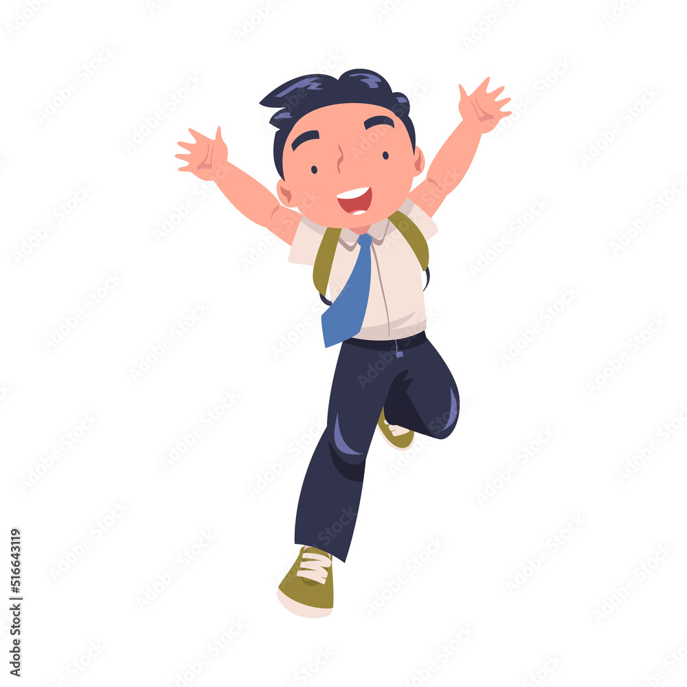 Happy Boy Pupil in Uniform with Tie and Backpack Running with Joy Excited About Back to School Vector Illustration