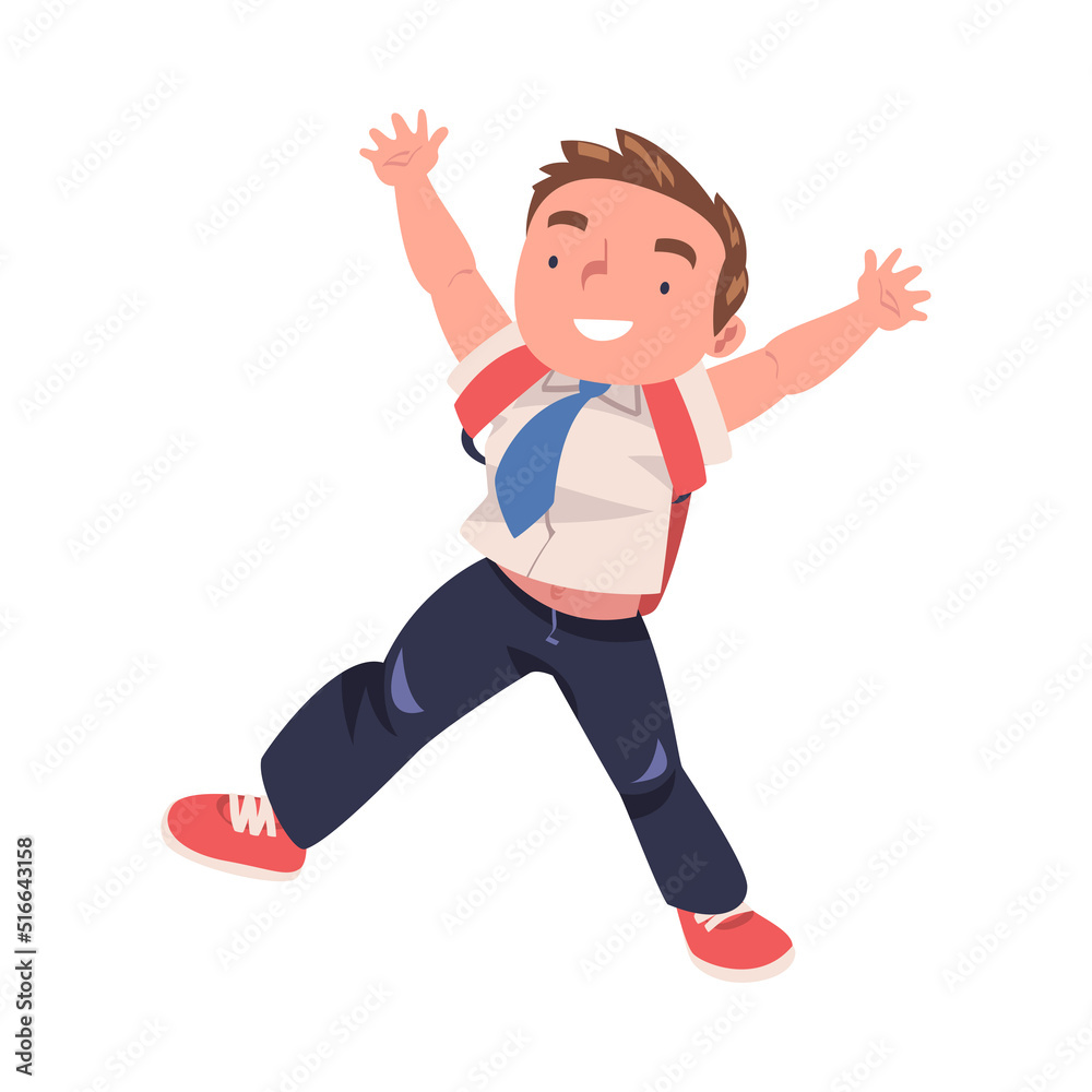 Happy Boy Pupil in Uniform with Tie and Backpack Jumping with Joy Excited About Back to School Vector Illustration Happy Boy Pupil in Uniform with Tie and Backpack Jumping with Joy Excited About Back to School Vector Illustration