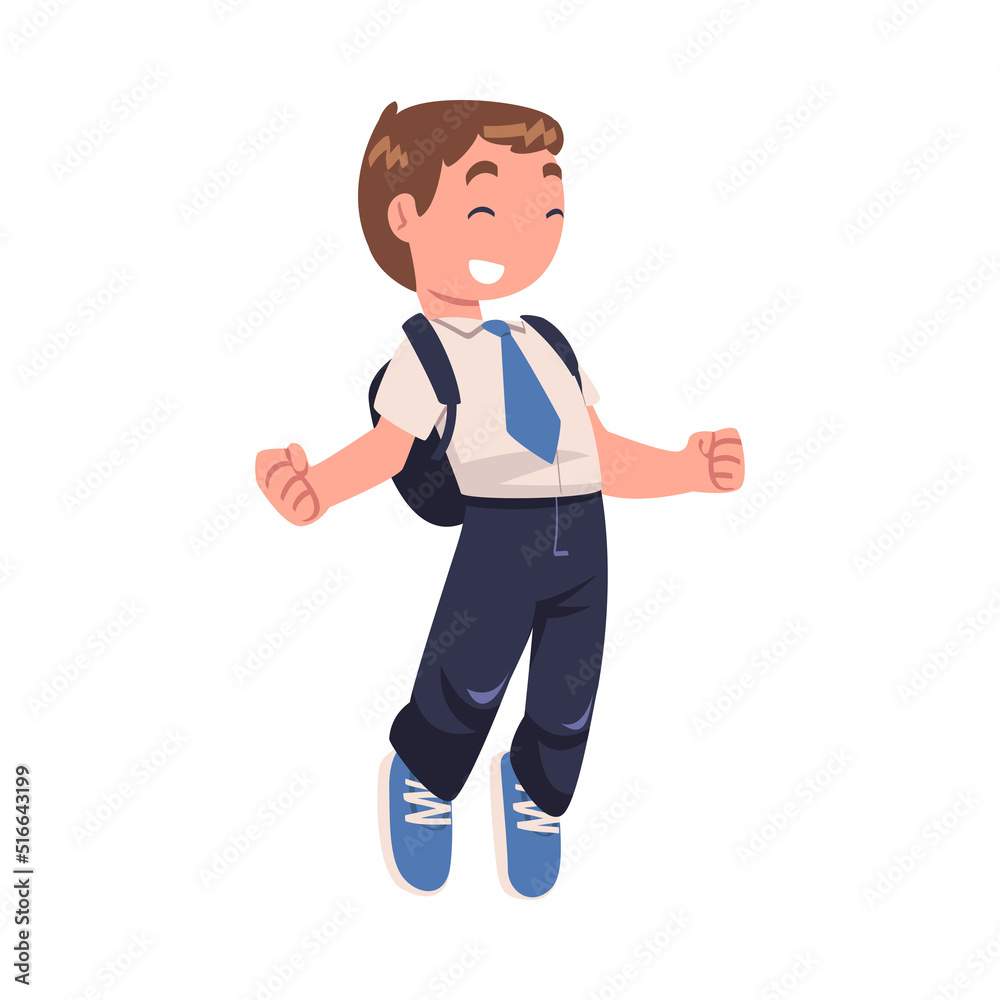 Happy Boy Pupil in Uniform with Tie and Backpack Jumping with Joy Excited About Back to School Vector Illustration Happy Boy Pupil in Uniform with Tie and Backpack Jumping with Joy Excited About Back to School Vector Illustration