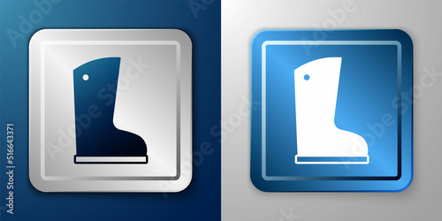 White Waterproof rubber boot icon isolated on blue and grey background. Gumboots for rainy weather, fishing, gardening. Silver and blue square button. Vector