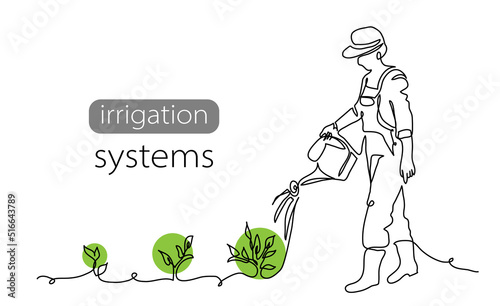 Person with watering can and growing green plants. Vector background, banner, poster for irrigation systems concept. One continuous line art drawing illustration of plants watering