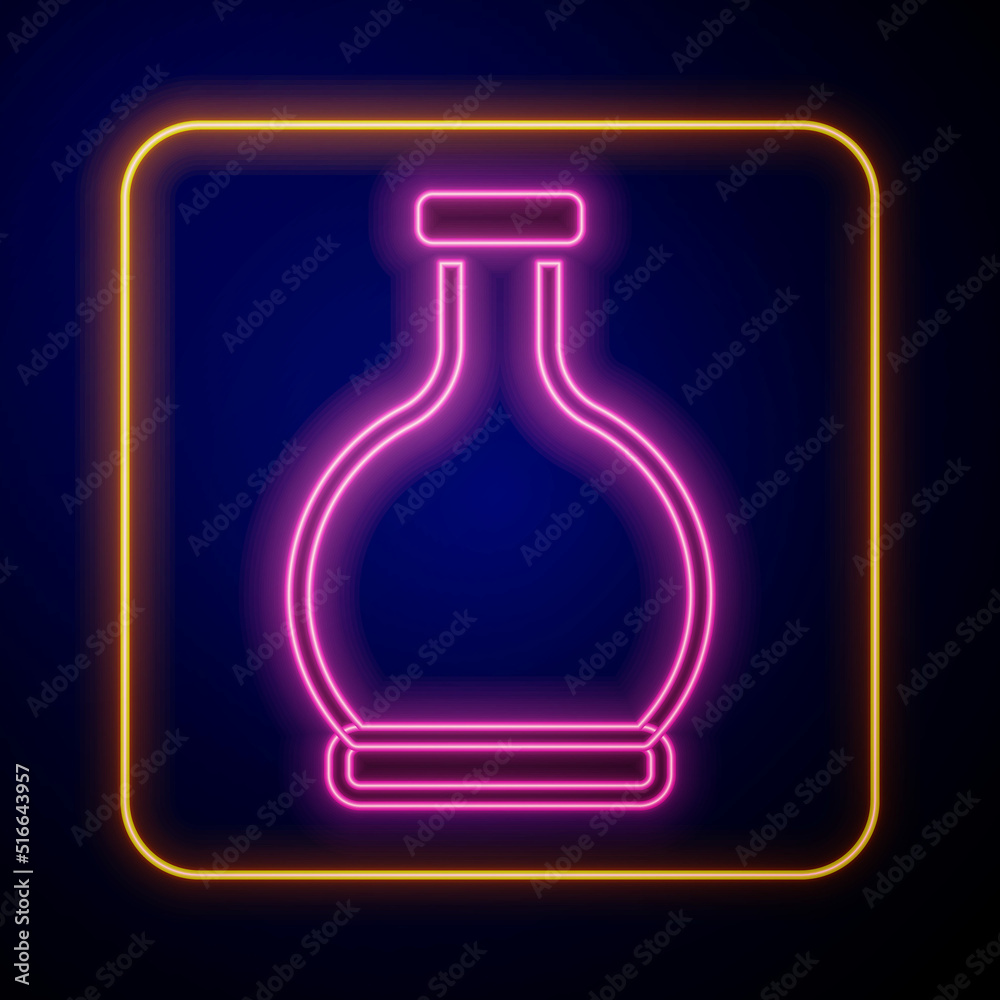 Glowing neon Bottle with potion icon isolated on black background. Flask with magic potion. Happy Halloween party. Vector Glowing neon Bottle with potion icon isolated on black background. Flask with magic potion. Happy Halloween party. Vector