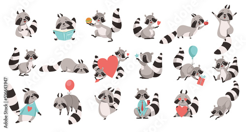 Funny Raccoon Animal with Ringed Tail Engaged in Different Activity Big Vector Set photo