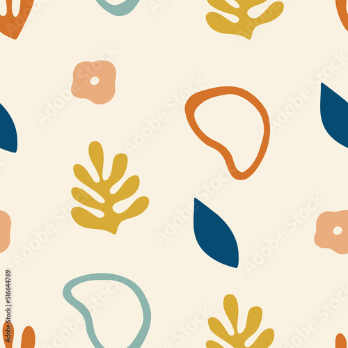 Seamless pattern with abstract organic shapes and plants. Vector light background flat hand-drawn style for stationery, textile, wallpaper or surface design