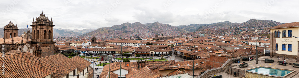 Panoramic view of the city of Cusco with its main square and tiled roofs of the place, Peru