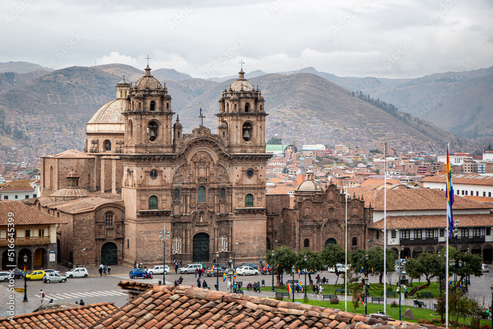 View of the cathedral of Cusco in its main square and tiled roofs of the place, Peru