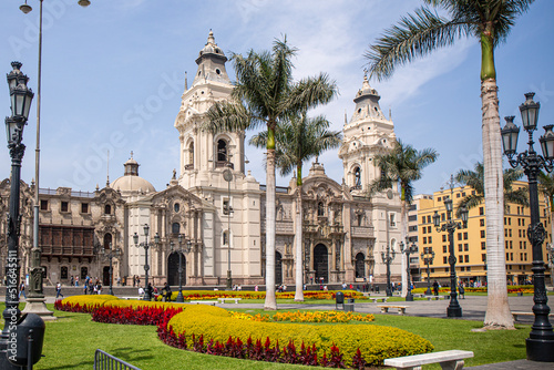Lima Cathedral in Plaza Mayor, Peru in cloudy day photo
