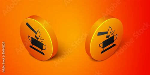 Isometric Blacksmith anvil tool and hammer icon isolated on orange background. Metal forging. Forge tool. Orange circle button. Vector