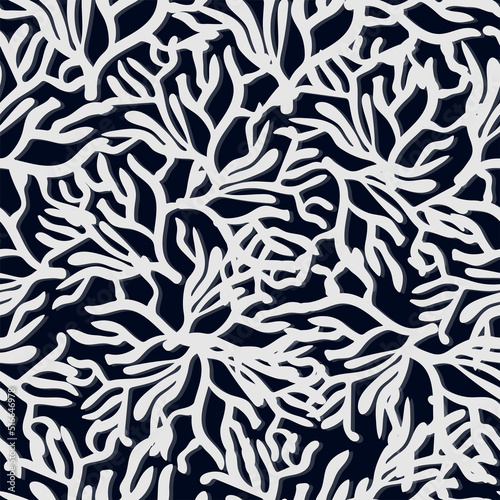 Coral seamless pattern on a blue background. Abstract flat vector illustration