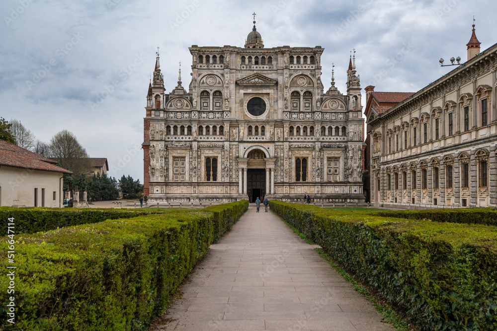 Exterior of Certosa di Pavia, an important Renaissance-style building in Lombardy region, Italy