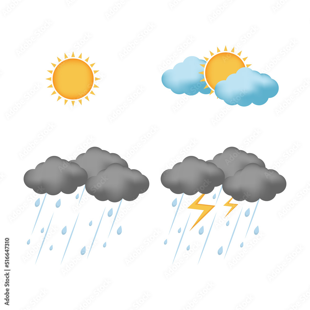 Set of cartoon cloud icons isolated on white background. Different weather illustration sun, rain, lightning, cloud .Clouds collection.vector
