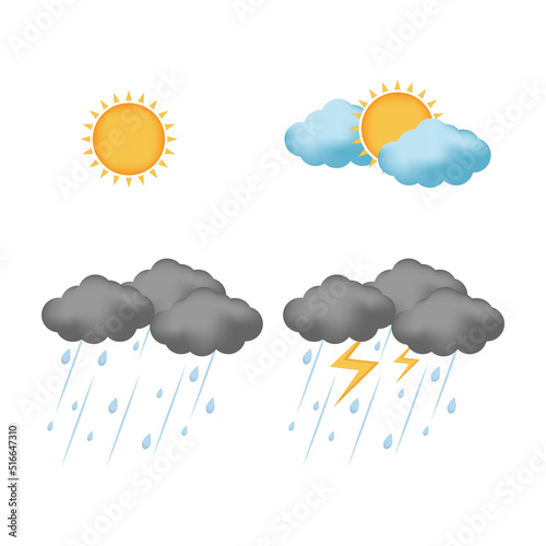 Obraz na płótnie Set of cartoon cloud icons isolated on white background. Different weather illustration sun, rain, lightning, cloud .Clouds collection.vector w salonie