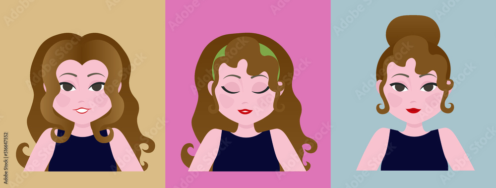 Illustration of a girl with different hairstyles and expressions. Girl bust coloring page. Illustration of a girl with different hairstyles and expressions. Girl bust coloring page.