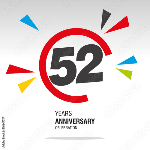 52 Years Anniversary, number in broken circle with colorful bang of confetti, logo, icon, white background