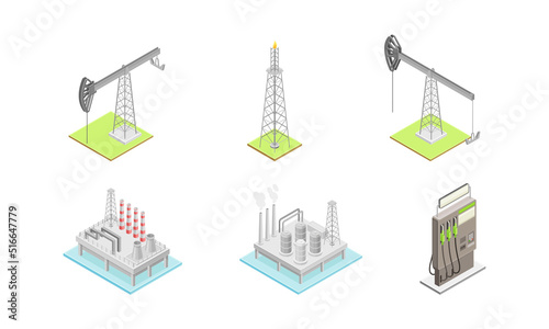 Oil or Petroleum Refinery as Industrial Process Plant with Crude Oil Production Isometric Vector Set