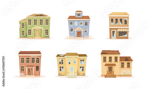 Old Abandoned House and Decaying Suburban Cottage with Broken Windows Vector Set