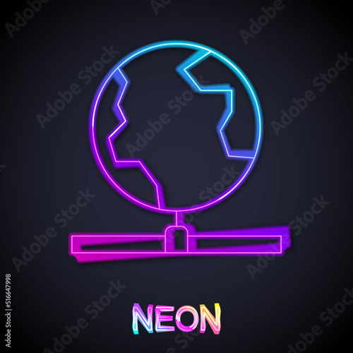 Glowing neon line Global technology or social network icon isolated on black background. Vector