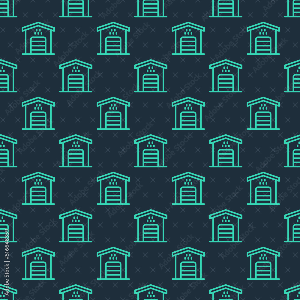 Green line Garage for taxi car icon isolated seamless pattern on blue background. Vector