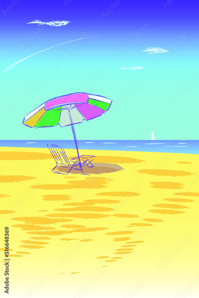 Umbrella with sun lounger on the beach. Sand beach. Relaxation