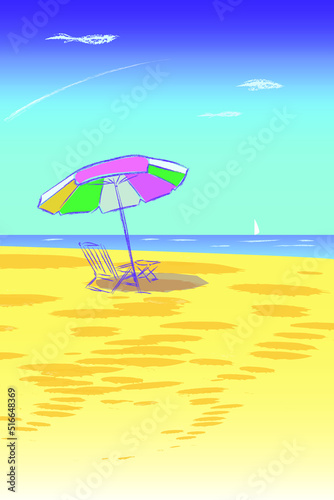 Umbrella with sun lounger on the beach. Sand beach. Relaxation