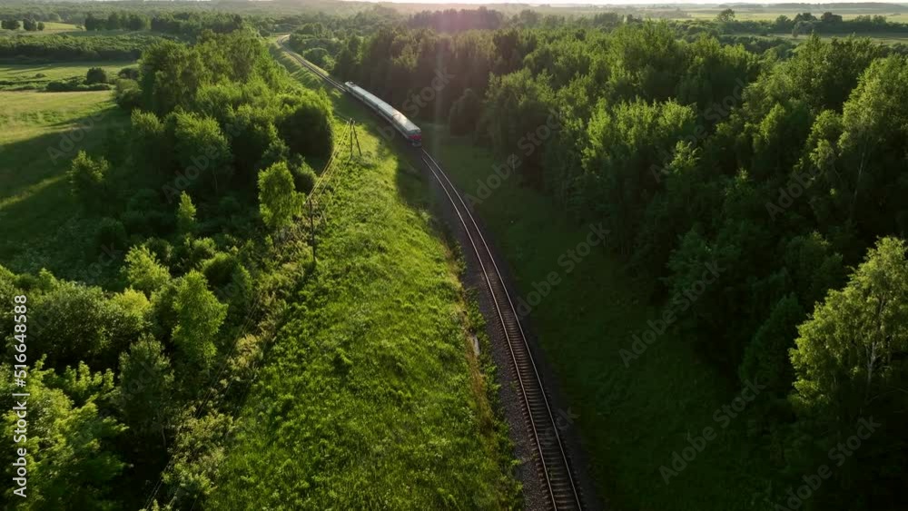 Passenger train on railway from forest, aerial view. Train with passenger cars rides along forests in spring. Drone view of an electric passenger locomotive with wagons in moving on railroad.