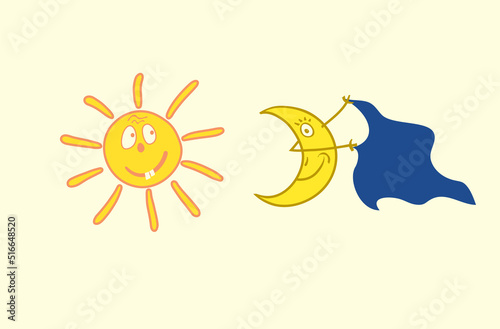 vector illustration with funny space bodies. approaching solar eclipse