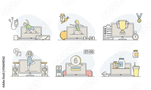 Online Sport and Physical Exercise with Computer Screen and Timer Vector Set