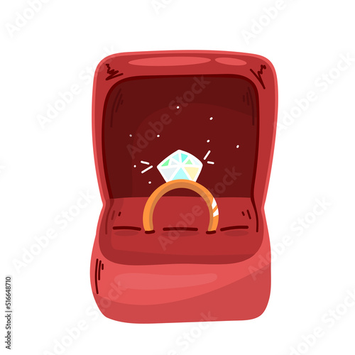 Wedding ring vector draw with diamond in doodle style isolated black on white background ring in a box Vector illustration