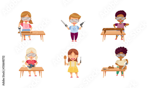 Children at Table Woodworking Making Items from Wood Vector Set