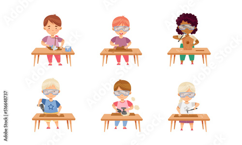Children at Table Woodworking Making Items from Wood Vector Set