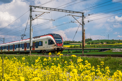 Train running through rapeseed field in spring. Red train, railroad with blue sky, yellow flowers and green field. Chavornay, Switzerland.