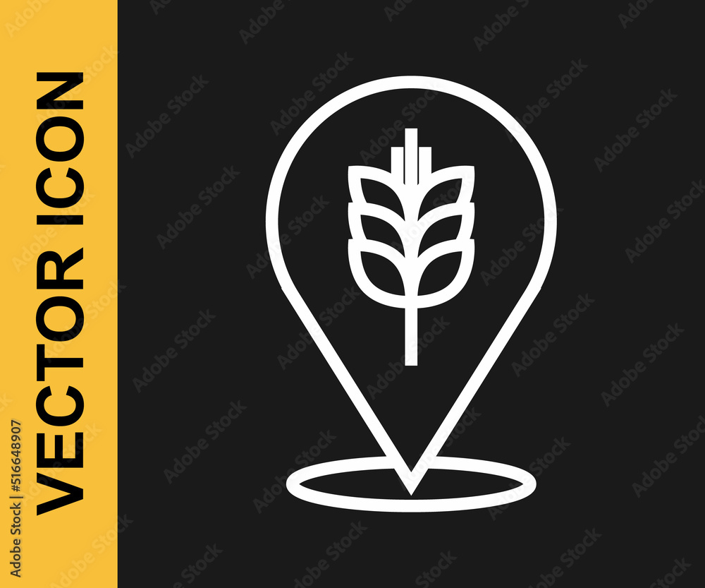 White line Cereals set with rice, wheat, corn, oats, rye, barley icon isolated on black background. Ears of wheat bread symbols. Vector