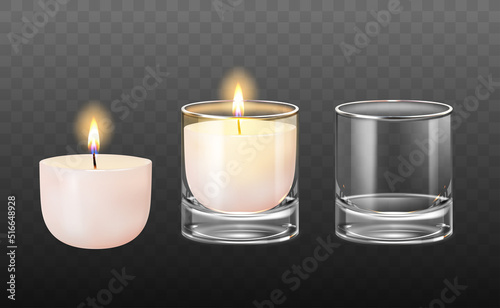 Realistic Detailed 3d Wax Candle in Glass Jar Set for Home on a Transparent Background. Vector illustration