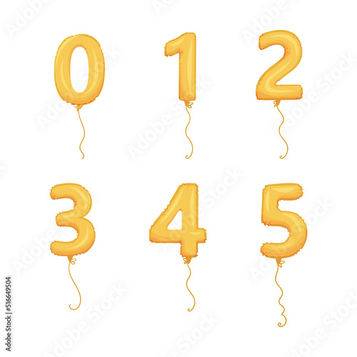 Glossy Golden Number Balloon with Hanging String Vector Set