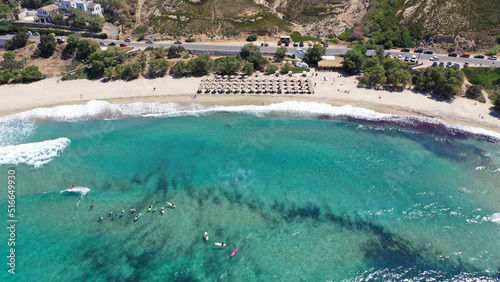 Aerial drone photo of famous bay and sandy beach of Mesakti  popular for surfing sports  Ikaria island  Northeast Aegean  Greece