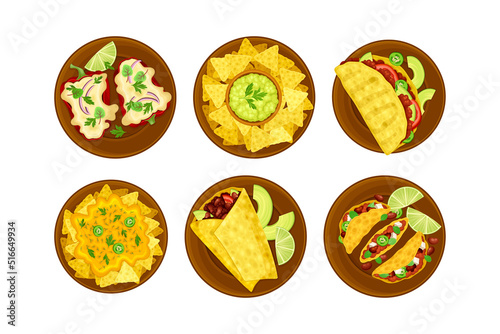 Crunchy Nachos with Guacamole Sauce and Taco on Plate as Traditional Mexican Dish Vector Set