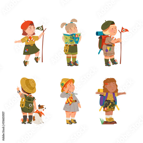 Cute Boy and Girl as Junior Scout Camping at Nature Vector Set