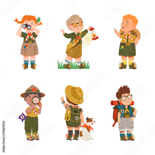 Cute Boy and Girl as Junior Scout Camping at Nature Vector Set