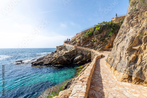 View of the Mediterranean sea and coast of Costa Brava from the Cala Banys nature walk and gardens at the town of Lloret de Mar, Spain. 