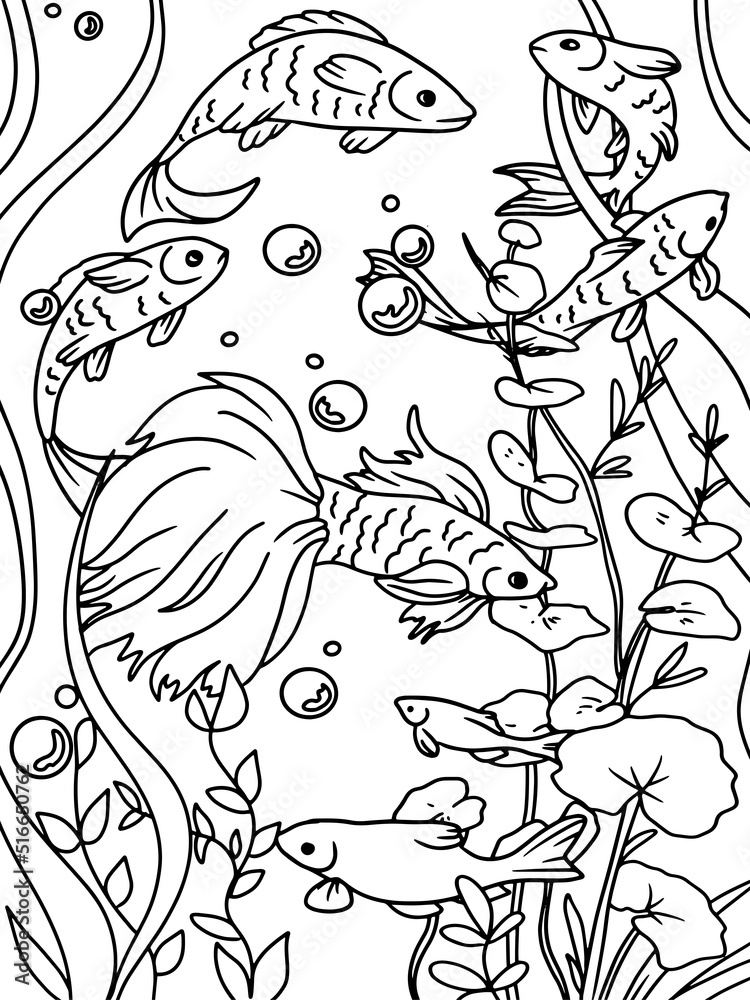 Coloring book, white background, black lines. Aquarium, seabed. Water world and fish.