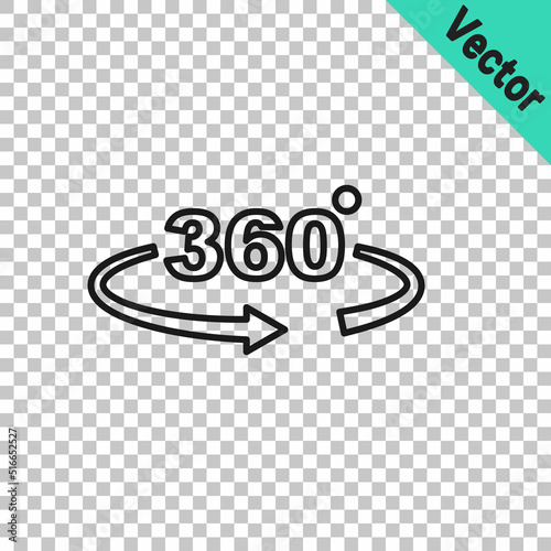 Black line 360 degree view icon isolated on transparent background. Virtual reality. Angle 360 degree camera. Panorama photo. Vector
