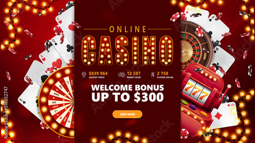 Online casino, red banner with button, slot machine, Casino Wheel Fortune, Roulette, falling poker chips, garland frame and playing cards.