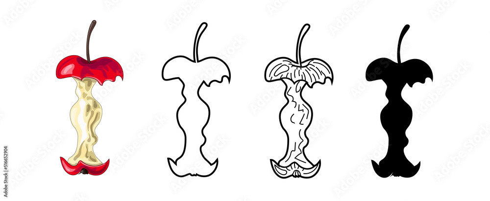 Obraz premium Set of four apple cores- cartoon style, black silhouette, doodles and outline. Vector illustration, isolated on white background